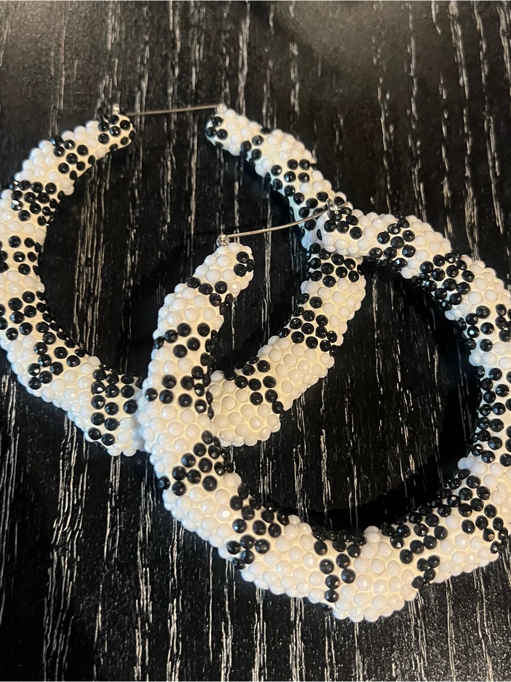 Black and White Beaded Hoop Earrings